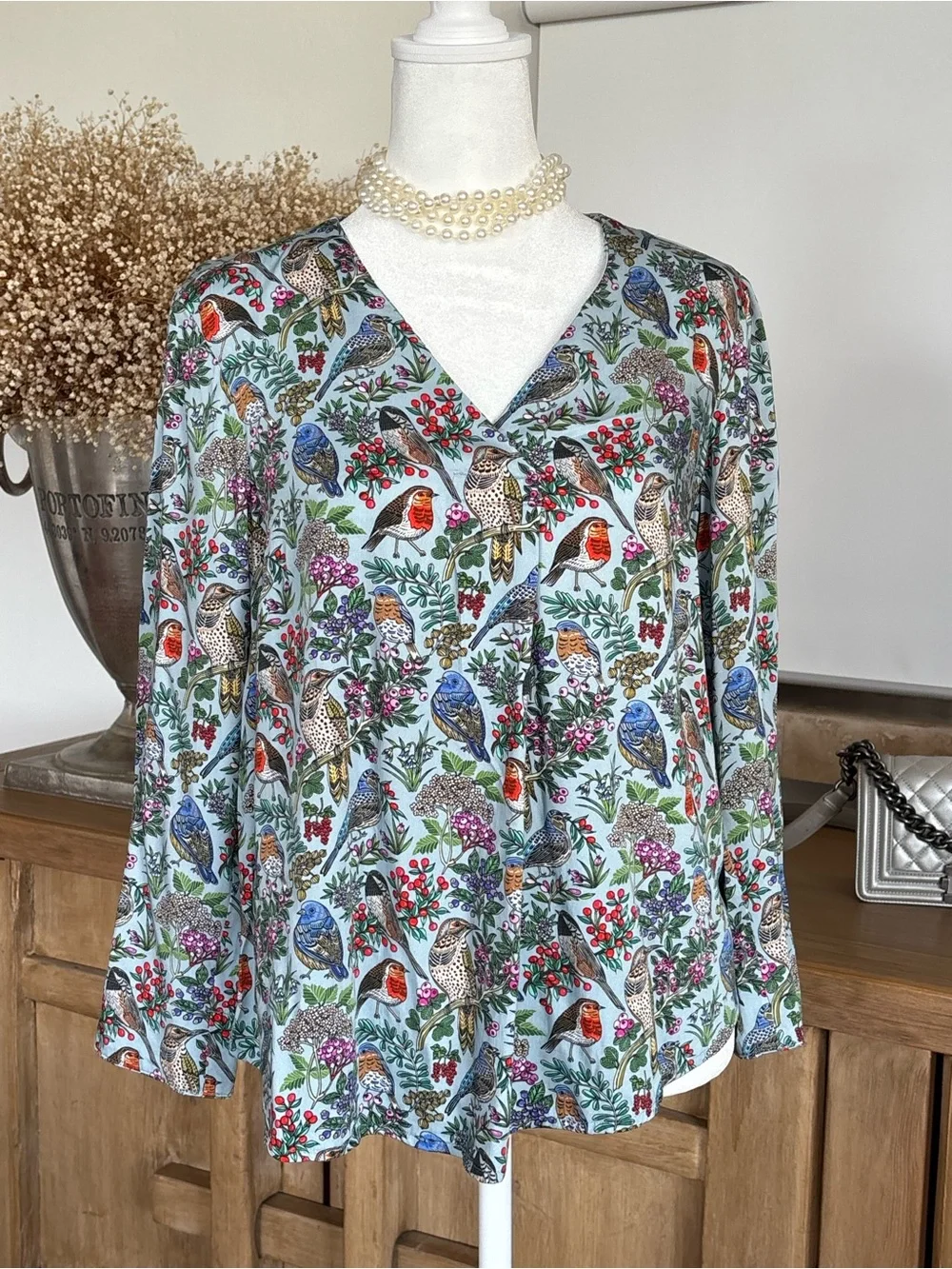 J.Jill S Bird Botanical Print Top Blouse 3/4 Sleeve EcoVero Viscose Old Money - Picture 10 of 13